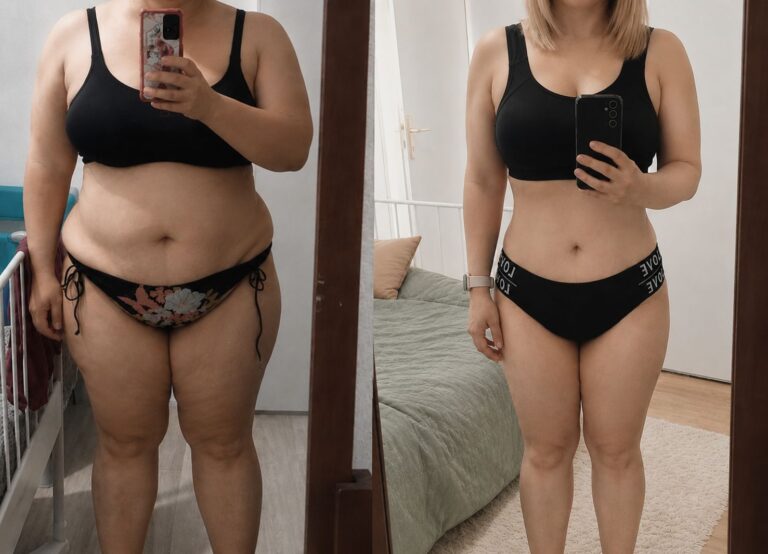 Avant après perte de poids de 25 kg grâce à un coaching sportif personnalisé à domicile.